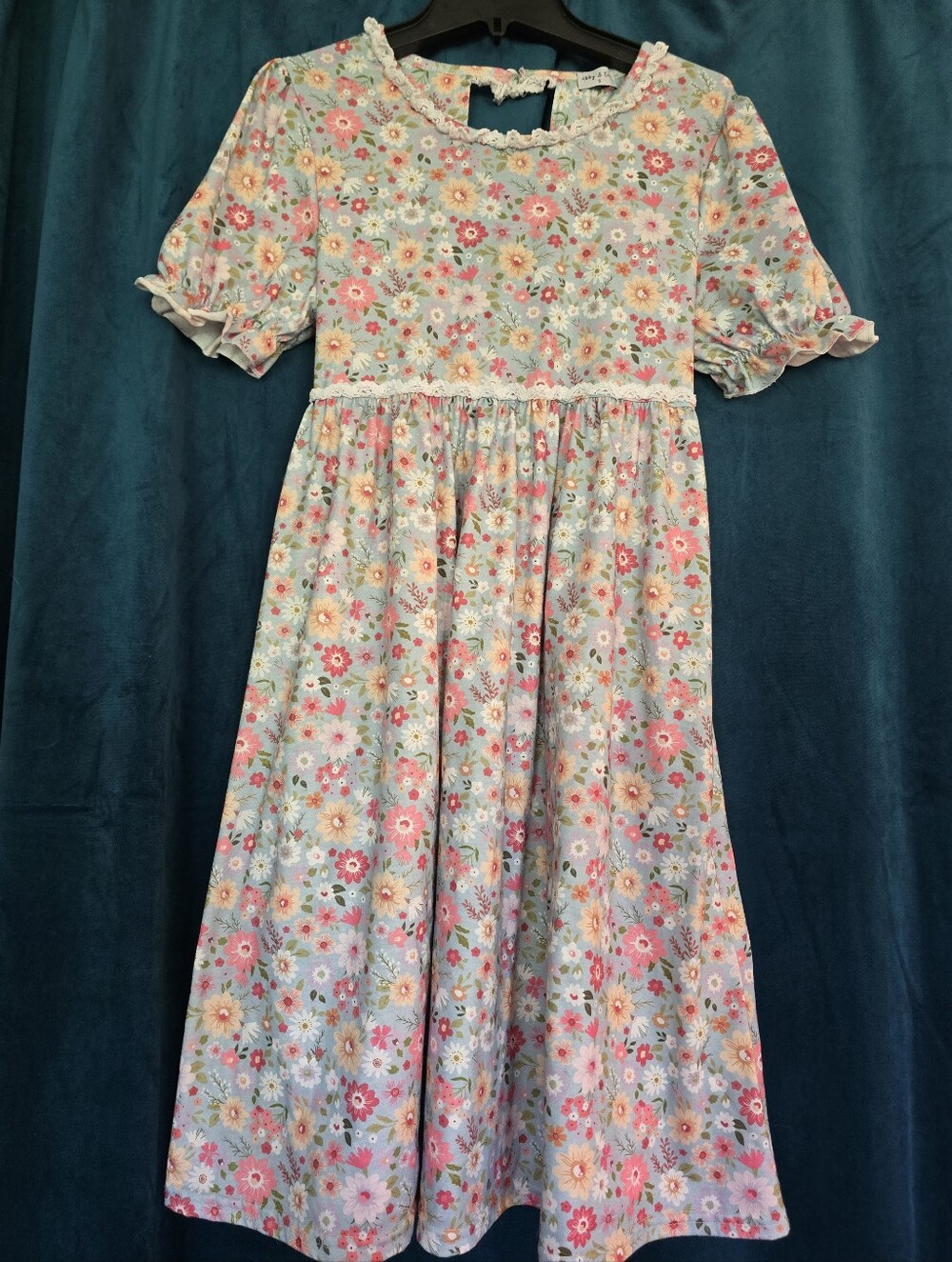 Abby & Evie Blue Floral Puff Sleeve Midi Dress Women's Small Cottagecore